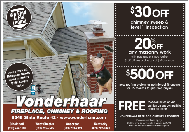 Vonderhaar Fireplace, Chimney & Roofing promotional coupon offering $30 off chimney sweep and inspection, 20% off masonry work, $500 off new roofing systems or financing options, and free roof evaluations. Includes company locations and contact numbers for Cincinnati, West Chester, Anderson, and Kentucky.